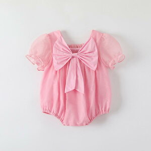 ロンパース ベビー 女の子 新生児 ピンク プリンセス リボン おしゃれ かわいい 韓国風 夏物 半袖 薄手 ポリエステル 安全基準A類 スナップボタン カバーオール