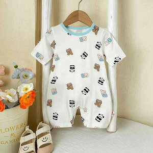 カバーオール ロンパース 男の子 ベビー 赤ちゃん 新生児 春夏 薄手 半袖 クマ柄 総柄 かわいい カジュアル 部屋着 ルームウェア パジャマ ねまき レーヨン混紡 快適素材 通気性