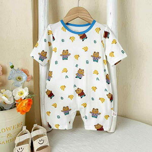 カバーオール ベビー服 男女兼用 赤ちゃん ロンパース 半袖 薄手 かわいい キャラクター柄 春夏 レーヨン混 冷房対策 室内着 パジャマ 寝間着 ブルー A類 安全基準A