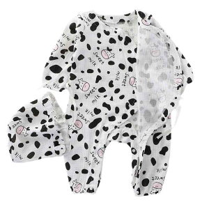 カバーオール ロンパース ベビー 新生児 赤ちゃん 男女兼用 牛柄 プリント 長袖 綿ガーゼ 春秋 かわいい 通気性 部屋着 パジャマ 白 ピンク アイボリー