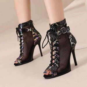 ダンスシューズ レディース ジャズダンス用 サンダルブーツ オープントゥ 超高ピンヒール カットアウト レースアップ 編み上げ 欧米風 セクシー 舞台 発表会 パーティー 伸縮性素材 美脚 黒