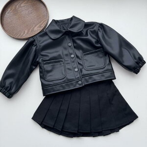 アウター キッズ 女の子 ベビー 幼児 フェイクレザージャケット 合皮 上着 秋冬 韓国風 おしゃれ 上品 ソフト襟 襟付き ポリエステル 黒