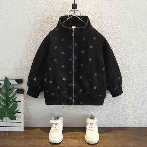 ジャケット 男の子 キッズ ボーイズ スタンドカラー 星柄 ゆったり ルーズフィット 春夏 綿 コットン ライトアウター 長袖 カジュアル おしゃれ ジップアップ 黒