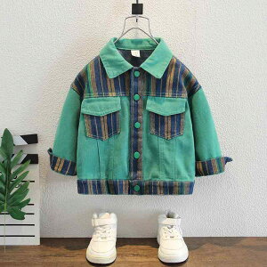 キッズ 男の子 デニムジャケット 春秋 襟付き 韓国風 おしゃれ かっこいい カジュアル ポリエステル グリーン ショート丈 シングルボタン 普段使い 通学