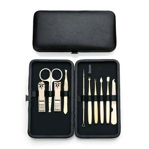 ネイルケアセット メンズ レディース 本革 牛革 ステンレス製 10点セット 爪切り 巻き爪 甘皮処理 携帯用 旅行用 グルーミング 24Kゴールド 金色 収納ケース付き プレゼント ギフト