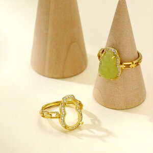 指輪 レディース S925純銀 ゴールドメッキ 黄金色 ひょうたん型 開口式 サイズ調整可能 空枠 台座 ジルコニア装飾用 未装飾 DIY ハンドメイド用パーツ