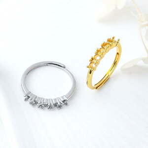 指輪 空枠 レディース エレガント リング台座 3mm幅 5石配置 翡翠 天然石 ルースストーン用 サイズ調整可能 DIY ハンドメイドパーツ 銅製 電気メッキ加工 幾何学デザイン プラチナカラー ゴー