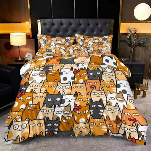 寝具 デジタルプリント 猫柄 布団カバー 枕カバー 3点セット ポリエステル ピーチスキン加工 かわいい なめらか 肌触り 子供部屋 寝室 通年