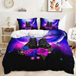 布団カバーセット キッズ 子供用 黒猫 動物柄 デジタルプリント かわいい 3点セット ポリエステル製 ピーチスキン加工 掛け布団カバー 枕カバー 寝室 子供部屋用