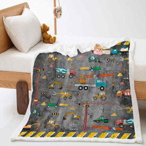 ブランケット キッズ 男の子 建設車両 工事車両 ショベルカー 掘削機 3Dデジタルプリント 車柄 厚手 暖かい シープボア フリース クリスタルベルベット お昼寝 ひざ掛け 掛け毛布 ポリエステ