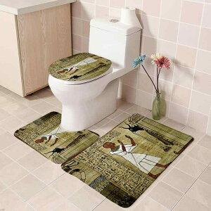 バスマット トイレマット セット エジプト柄 3点セット U型マット 蓋カバー 防水 滑り止め 地中海風 エスニック ポリエステル バスルーム 洗面所 キッチン フロアマット