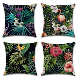 クッションカバー 綿麻 ブラック 植物 花 鳥 鶴 風景 プリント柄 かわいい おしゃれ リビング ソファ用 インテリア 45cm 正方形