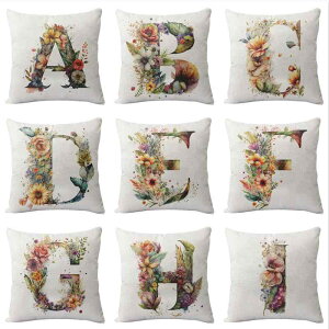 クッションカバー 水彩画風 レトロ 花柄 A-Zアルファベット ソファ用 北欧スタイル ピーチスキン ポリエステル生地 おしゃれ ピローケース(x2)