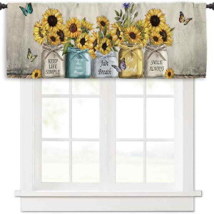 カフェカーテン ひまわり柄 向日葵 サンフラワー デジタルプリント 穴あけ不要 突っ張り棒式 ポリエステル 花柄 小窓 短め 窓飾り ダイニング キッチン リビング バスルーム 春夏