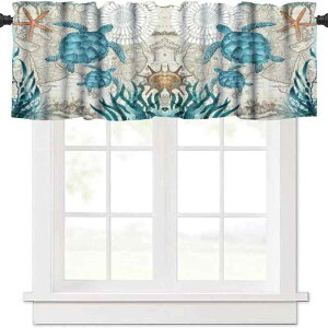 カフェカーテン デジタルプリント ウミガメ柄 海洋デザイン 穴あけ不要 つっぱり式 ポリエステル アメリカンスタイル リビング ダイニング キッチン バスルーム 寝室 小窓 目隠し