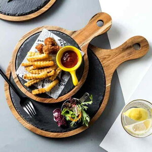 プレート 北欧 和風 木製 天然石 丸型 ステーキ皿 バーベキュー ピザ カフェ レストラン ホテル 業務用 洋食器 家庭用 おしゃれ アカシアウッド トレイ 自然な風合い(x2)