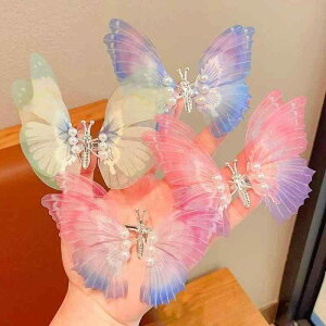 ヘアクリップ 子供 女の子 キッズ 揺れる 蝶々 羽根 立体デザイン パール リボン 髪飾り バレッタ プリンセス 妖精 かわいい グラデーションカラー 春夏