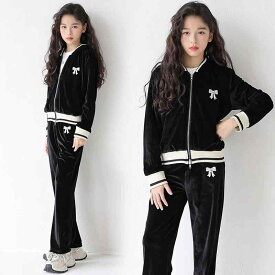 セットアップ キッズ 女の子 ジュニア ベロア ジップアップ パーカー フード付き ロングパンツ 上下セット ツーピース 秋冬 トレンド おしゃれ 普段使い スポーツ カジュアル ソフトな肌触り 紫外線対策 ブラック