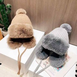 帽子 レディース 秋冬 厚手 ニット 毛糸 フェイクファー もこもこ ふわふわ ロシア帽 フライトキャップ パイロットキャップ 耳あて付き イヤーフラップ ポンポン 防寒 保温 あったか スキー