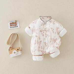 カバーオール ロンパース 女の子 ベビー 新生児 赤ちゃん メープルリーフ柄 プリント チャイナボタン チャイナ風 長袖 綿100% 厚手 裏起毛 暖かい 秋冬 おしゃれ かわいい ガーリー ピンク 普