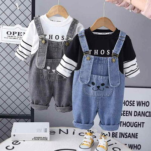 ベビー服 男の子 子供服 春秋 セットアップ おしゃれ カジュアル オーバーオール サロペット 長袖トップス 長ズボン 2点セット 綿 コットン 柔らか素材 ストライプ キャラクター 小犬柄 ブル