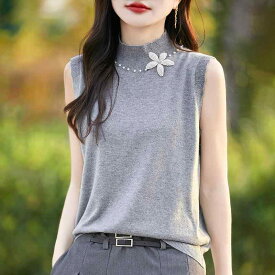 ニットベスト レディース 秋冬 上質ウール ハイネック ゆったり 花柄 ビーズ装飾 透かし編み ノースリーブ プルオーバー エレガント カジュアル オフィス 通勤 トップス