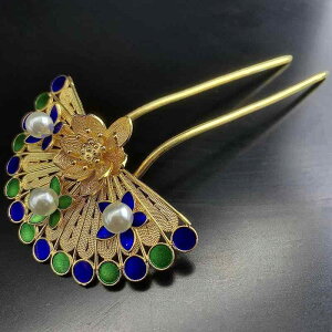 簪 扇形 蓮モチーフ 七宝焼き パール象嵌 金メッキシルバー 古風 レトロ ハンドメイド ブライダル ウェディング 和装 エレガント 高級感 フォーマル
