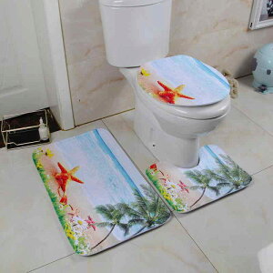 トイレマット バスマット 3点セット 浴室用 フランネル素材 吸水性 速乾 滑り止め加工 プリント柄 ヤシの木 スターフィッシュ柄 ポリエステル ふわふわ 快適 おしゃれ