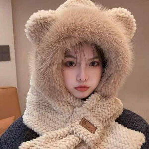 帽子 レディース 学生 クマ耳 パンダモチーフ かわいい 韓国ファッション 耳あて マフラー ネックウォーマー 一体型 防寒 防風 保温 厚手 首元保護 ポリエステル 秋冬 カーキ アイボリー ホ
