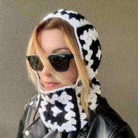 バラクラバ アクリルニット 手編み ハンドメイド レトロ 花柄 フラワーモチーフ ネックウォーマー一体型 保温 防寒 暖かい 首元保護 通気性 カジュアル おしゃれ かわいい 普段使い アウトドア ブラック 秋冬