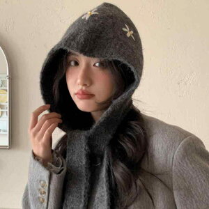 ニット帽 レディース バラクラバ 目出し帽 ネックウォーマー一体型 厚手 あったか 防寒 耳当て かわいい 小花柄 フラワーデザイン 冬 アウトドア スキー スノボ 通勤 通学 小顔効果(x2)