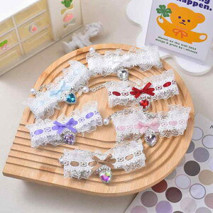 ペット用品 猫用 小型犬用 ロリータスタイル ピーチハート クリスタル ラインストーン 蝶結び レース 首輪 多色展開 かわいい おしゃれ(x2)