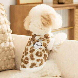 ペット服 ドッグウェア 秋冬 ユニセックス ジャカード ヒョウ柄 厚手 フリースジャケット ハーネス対応 リード穴付き 両足 あったか 保温 防寒 かわいい ポリエステル ブラウン系 イエロー