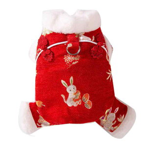 犬服 中小型犬 トイプードル 秋冬 お正月 新年 ハーネス一体型 中綿コート 防寒着 シェニール 雪うさぎ風 ふわふわ あったか チャイナ服風 ドッグウェア レッド ポリエステル素材