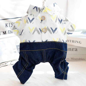 ドッグウェア 犬服 小型犬用 春夏 薄手 軽量 接触冷感 さわやか 綿 コットン シャツ デニム 四脚パンツ オールインワン 上下セット セットアップ 普段着 お散歩 グリーン 白 ベージュ