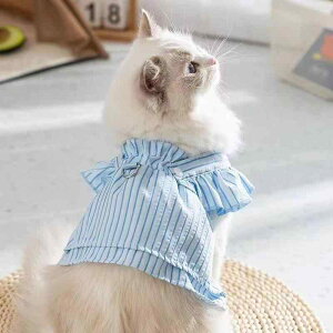 ペット服 犬 猫用 プリンセスワンピース フリル袖 縦ストライプ柄 ハーネス付き 春夏 小型犬 子猫 お散歩 ポリエステル グリーン系 スカイブルー