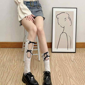 靴下 レディース 夏用 ナイロン レトロ かわいい クリームパフ柄 ダブル透かし編み リボン 花柄 レース ミドル丈 クルー丈 シアー ネットソックス 白 黒 普段使い お出かけ カジュアル