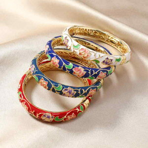 バングル レディース レトロ アンティーク調 景泰藍 七宝焼き エポキシ樹脂 花柄 フラワー 透かし彫り ラウンド ダブルレイヤー ゴールドカラー ブレスレット 腕輪 普段使い エスニック
