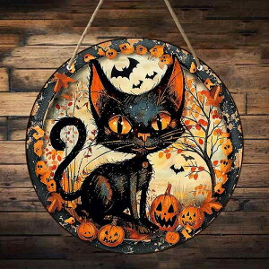 飾りプレート ハロウィン 黒猫 木製 丸型 おしゃれ インテリア雑貨 装飾品 クラフトオーナメント ツゲの木 モダン シンプルデザイン 壁掛け サインボード(x2)