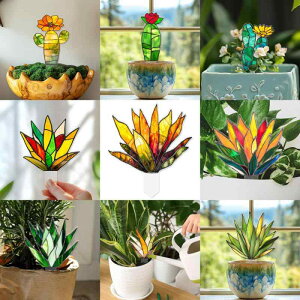 オブジェ 立体アクリル 鉢植え用花飾り ステンドグラス風 植物モチーフ プランターピック インテリア デコレーション モダン シンプル おしゃれ かわいい 室内装飾(x2)