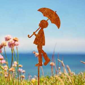 ガーデンオーナメント アイアン 金属製 傘 子供 オブジェ 錆加工 アンティーク風 庭 庭園 玄関 芝生 植木鉢 デコレーション 地中杭 ガーデンピック かわいい アメリカンスタイル カントリー