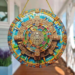 吊り飾り アステカ マヤ 民族柄 丸型 アクリル 紐付き 窓飾り ドアプレート ポーチ 玄関 ウォールデコレーション 蜜蜂柄 オーナメント サインプレート 個性的 エスニック レトロ インテリア