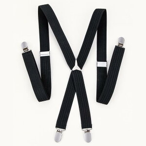 サスペンダー メンズ レディース 男女兼用 X型 4クリップ 銀色バックル 強力ゴム 高伸縮性 調節可能 フォーマル ビジネス カジュアル 発表会 ダンス衣装 吊りバンド ブラック