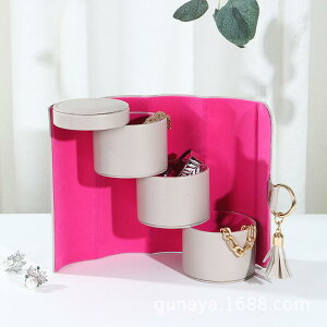 ジュエリーボックス アクセサリーケース PUレザー 3段 多層 折りたたみ 円筒形 ロール型 旅行用 トラベル 携帯用 持ち運び 収納ボックス 小物入れ おしゃれ 上品 シンプル 無地 ブラック グレ