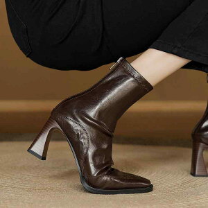 ショートブーツ レディース レトロ スクエアトゥ チャンキーヒール ハイヒール ストレッチ ソックスブーツ 細見え シンプル 通勤 オフィス 普段使い 韓国ファッション エコレザー 春 秋冬