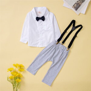 ベビー服 男の子 春秋 紳士風 フォーマル セットアップ 白 蝶ネクタイ付き 長袖 シャツ オーバーオール ロングパンツ ポリエステル 2点セット 発表会 結婚式 セレモニー お宮参り 欧米風