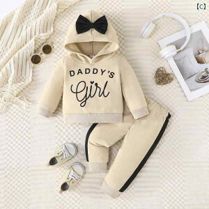 ベビー服 女の子 春秋冬 フード付き パーカー 長袖 ロングパンツ ロゴプリント リボン付き カジュアル 普段使い ルームウェア プルオーバー 柔らか ニット ポリエステル セットアップ