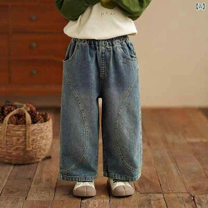 デニムパンツ キッズ 女の子 春秋 綿混 ゆったり ルーズ ストレート パッチワーク 切り替え 韓国風 レトロ カジュアル 個性的 おしゃれ 普段使い お出かけ ロングパンツ ボトムス