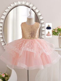 ドレス 女の子 ガールズ ベビー キッズ フラワーガール 発表会 結婚式 パーティー 演奏会 セレモニー スパンコール プリンセスライン ゴールド ダークブルー ピンク 華やか エレガント ワンピース