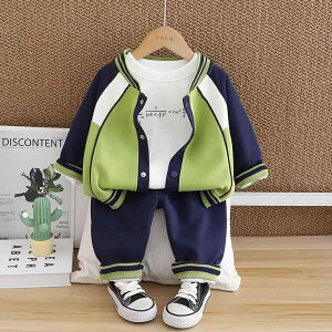 セットアップ 男の子 ベビー服 幼児 春秋 韓国風 カジュアル スポーティ ライン入り 配色切り替え 野球ジャケット パンツ 3点セット 綿素材 ソフトタッチ ジップアップ ロゴ入り おしゃれ
